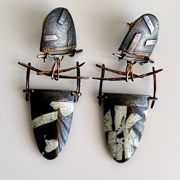 Carolyn Morris Bach Earrings Sterling Silver, 18K gold and stone earrings. - Picture 1 of 10